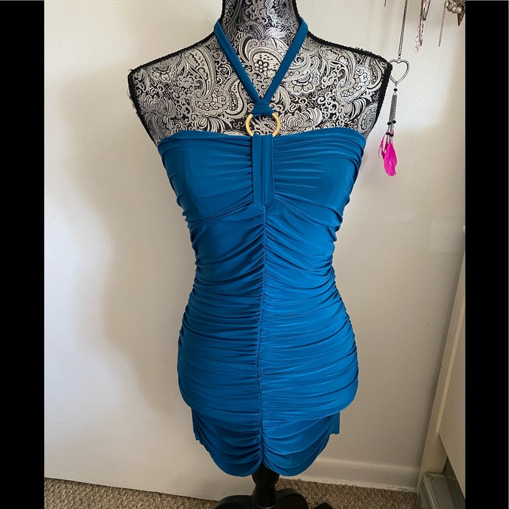 Y2K SNAP TEAL FITTED HALTER DRESS S